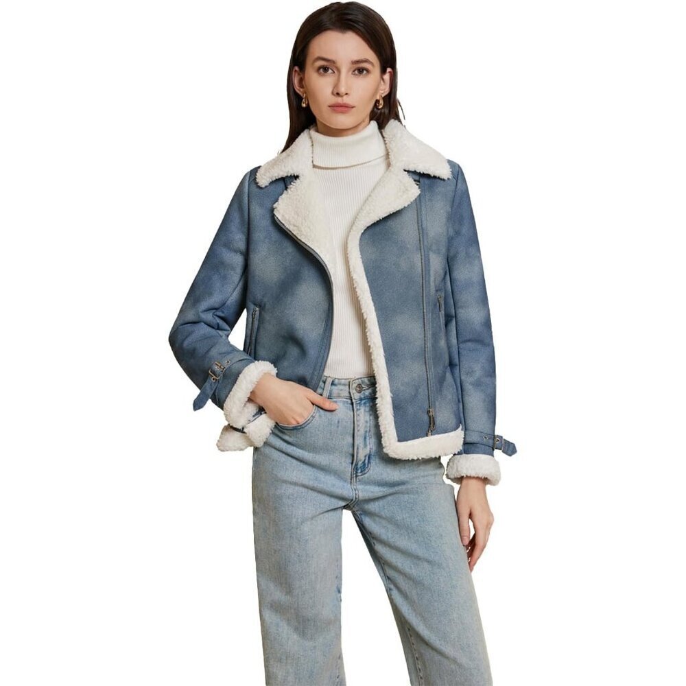 Women's Blue Denim Leather Jacket Fur Winter Coat Warm Thick Fur Lined Faux